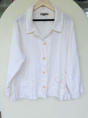 Flax Button Down White Shirt Linen size L